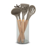 7-Piece Silicone and Bamboo Kitchen Utensils Set with Holder for Cooking, Virtually Non-Stick, with Ladle, Slotted Turner, Slotted Spoon, Serving Spoon, Pasta Server, Spatula, Scratch-Resistant
