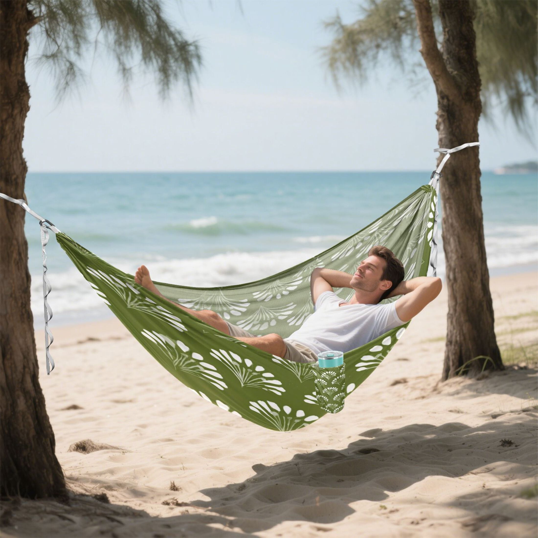 Hanging Hammock Portable Travel Camping For Outdooor Beach Camping Hiking Olive Green & White Color Palette