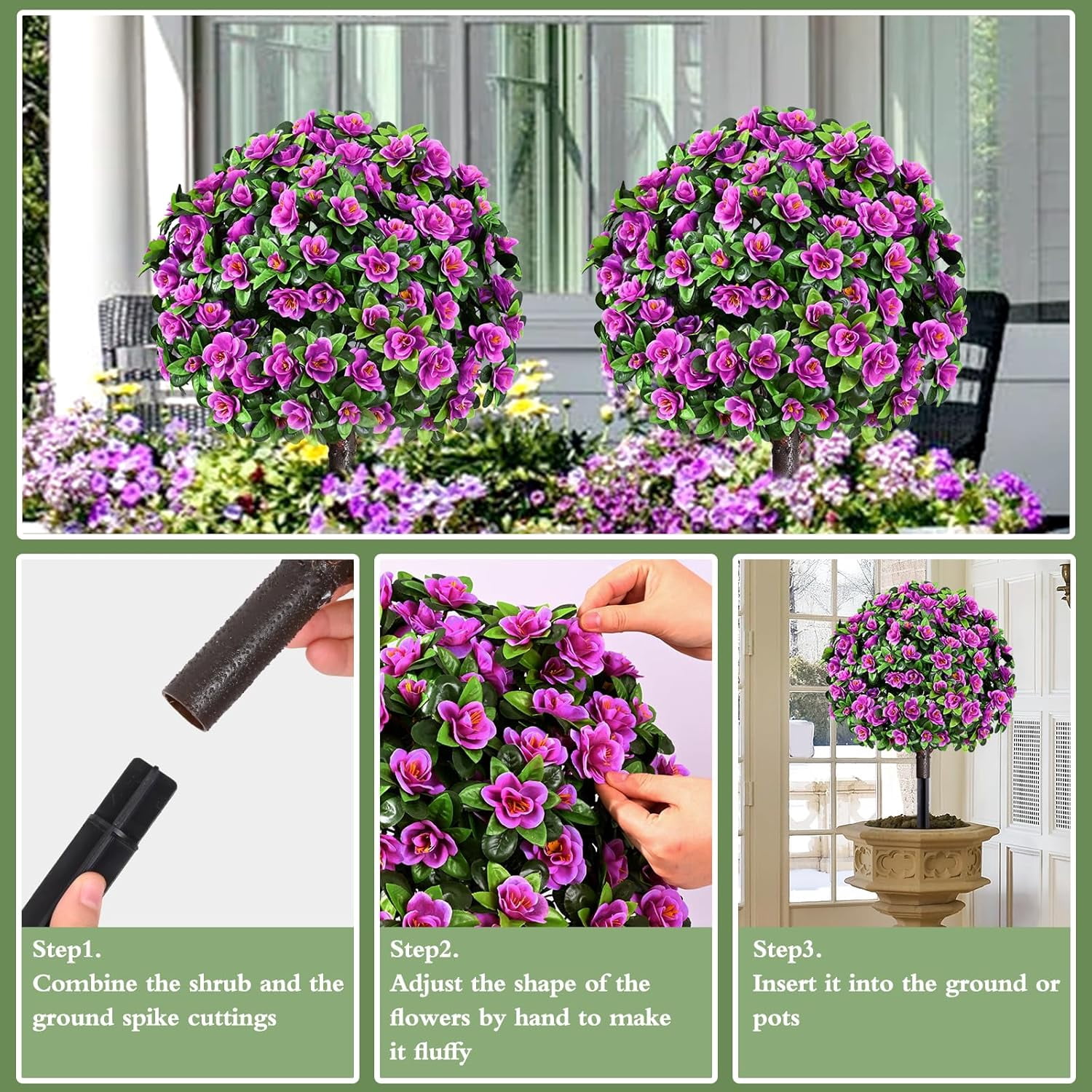 Yastouay 2 Pack Artificial Flowers Topiary with Ground Spikes Fake Bushes UV Resistant Faux Shrubs for Outdoor Garden Decor(Purple)