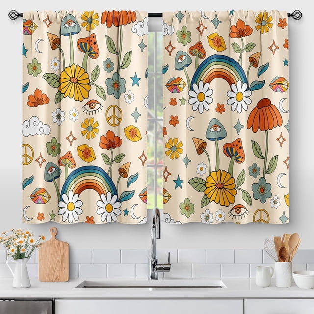 Retro Boho Mushroom Kitchen Curtains - Rustic 70s Hippie Fantasy Bohemian Floral Modern Colorful Short Small Cafe Tier Curtains Rod Pocket Window Drapes 24 Inch Length 2 Panels 28"x24"