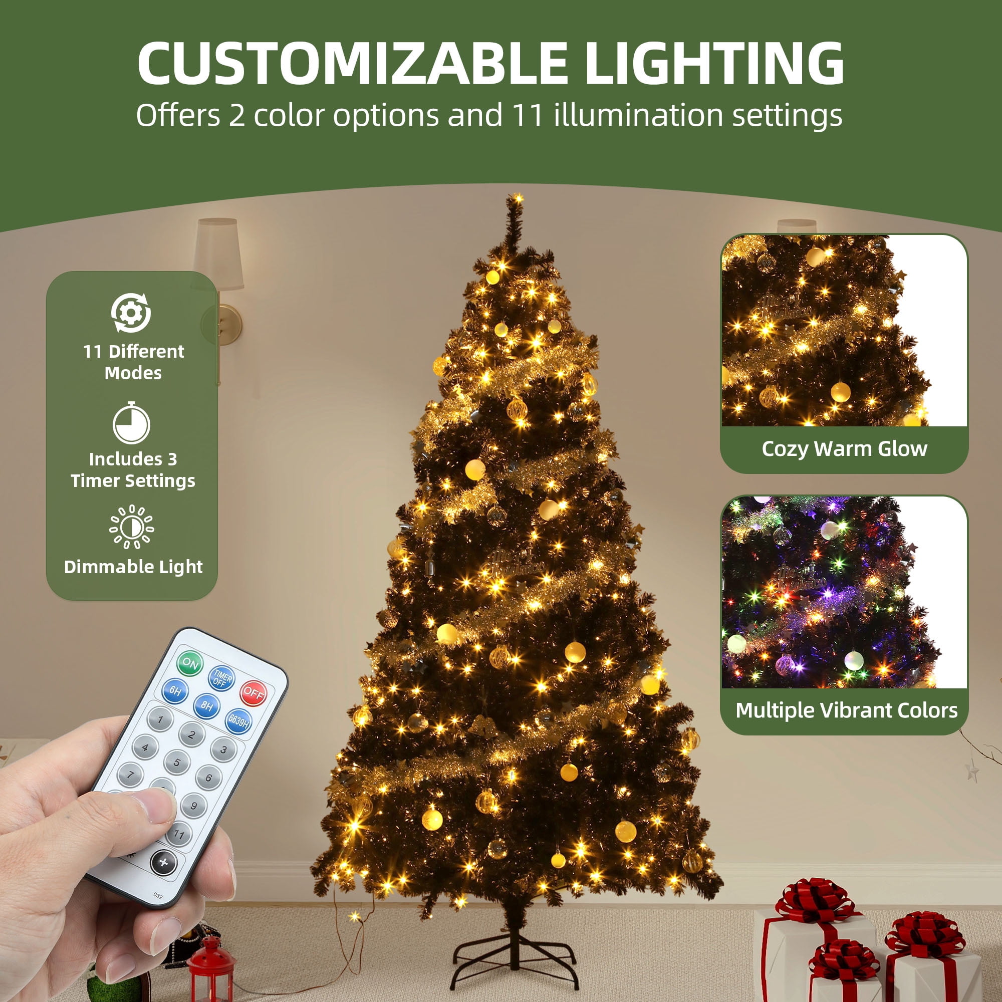 Uforic 6ft Pre-lit Artificial Pine Christmas Tree with 818 Branch Tips & 250 Lights, Remote Control, Black