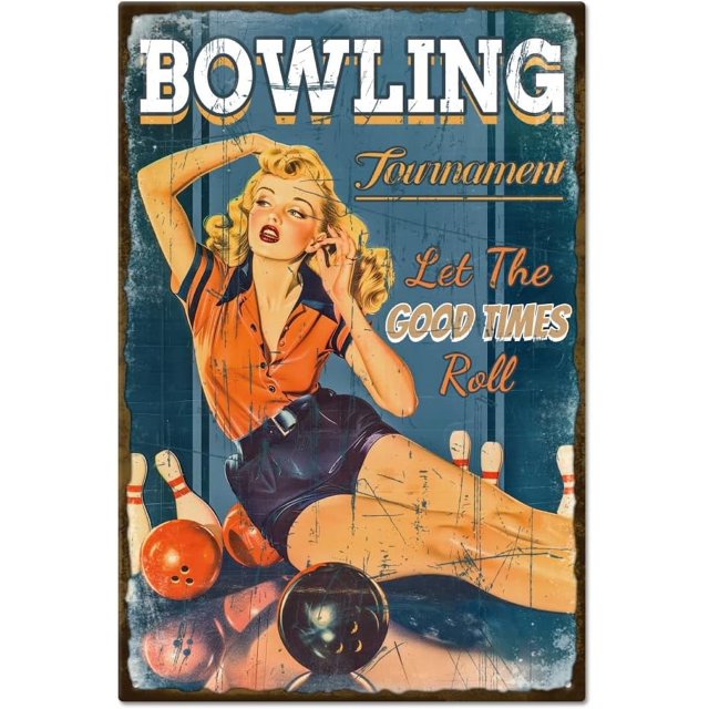 Letrero de hojalata vintage de mujer pin-up de 8 x 12 pulgadas, diseño retro de bolos, divertido letrero de hojalata para puerta de habitación, pintura en hojalata, póster, decoración de pared para