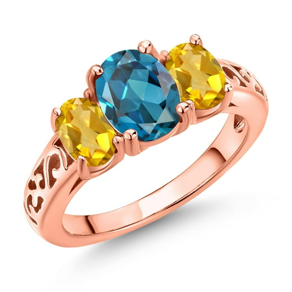 Gem Stone King 18K Rose Gold Plated Silver London Blue Topaz and Yellow Citrine Filigree Style 3 Stone Ring for Women (2.40 Cttw, Oval 8X6MM and 6X4MM) (Size 8)
