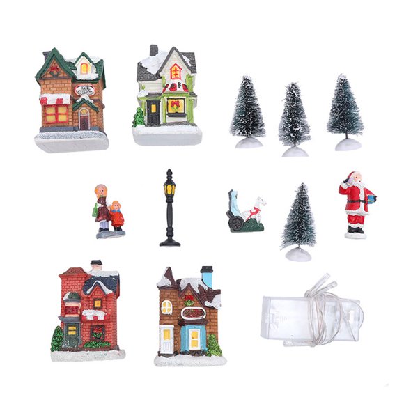 pitrice 13 Pieces Christmas Village Decoration Santa Town Luminous Villages LED Art House Collection Room Decor Ornament Present
