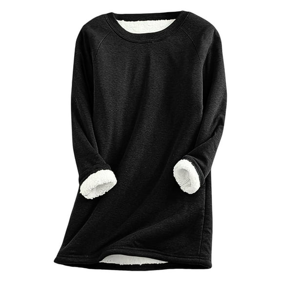 larppty Women Warm Sherpa Lined Fleece Crewneck Sweatshirt Pullover Loungewear for Winter (Black, XL)