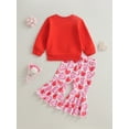 thumbnail image 4 of Bagilaanoe 2Pcs Toddler Baby Girl Valentine's Day Outfits Letters Print Long Sleeve Pullover Tops + Heart Print Flared Trousers 6M 12M 18M 24M 3T 4T Kids Long Pants Set, 4 of 9