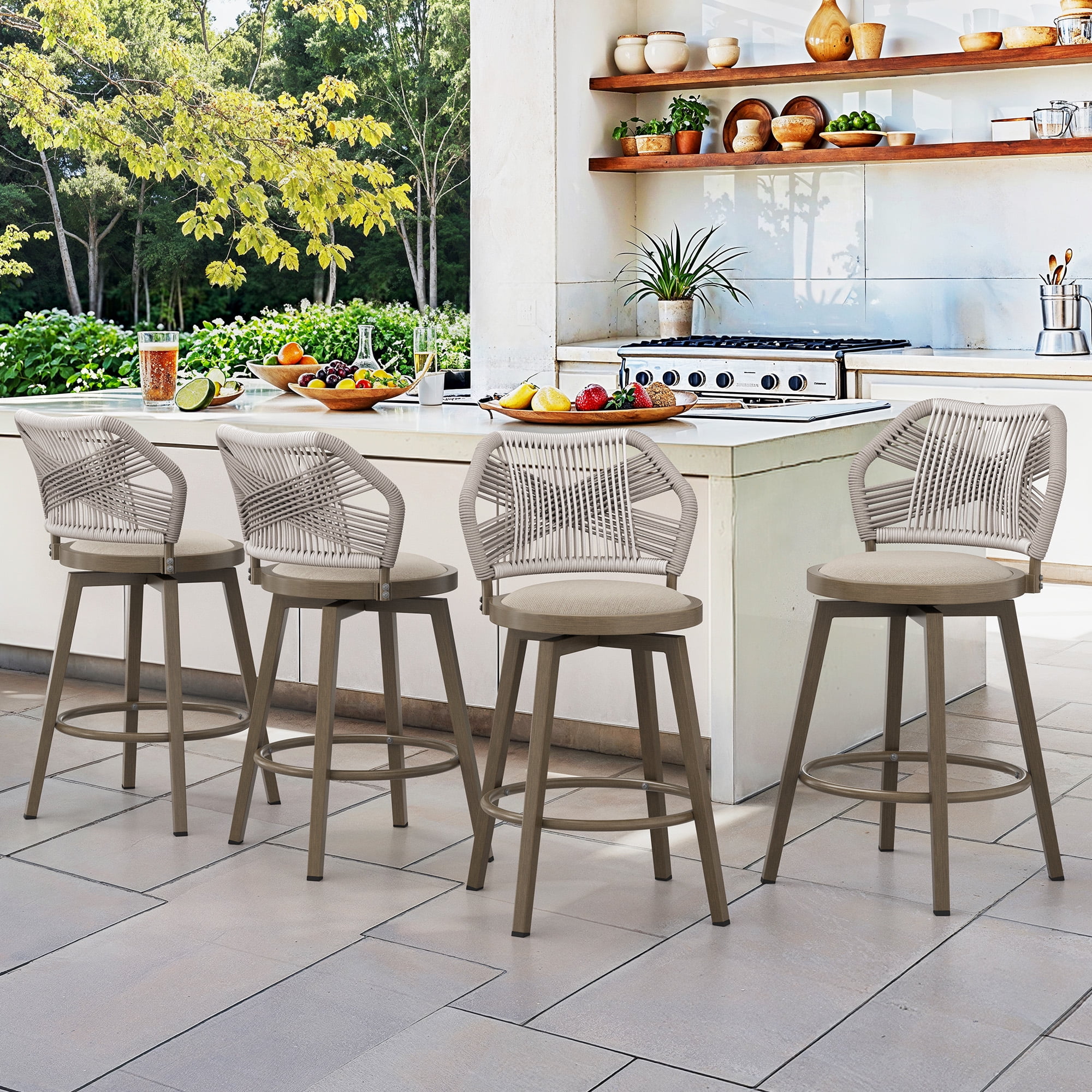 Dycanpo 26'' Swivel Bar Stools Set of 4, Counter Height Stools with Woven Backrest & Footrest, Beige