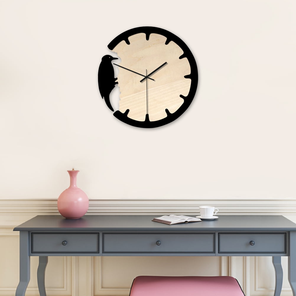 BESTYASH Black Wooden Wall Clock Round Shape Woodpecker Design Quiet Sweep Battery Operated