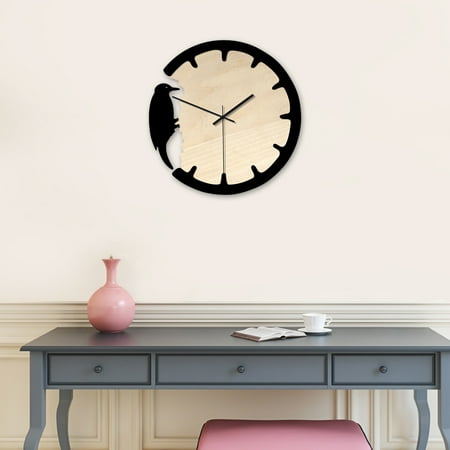 ETHZZLE Black Wooden Wall Clock Round Shape Woodpecker Design Quiet Sweep Second Hand for Living Room