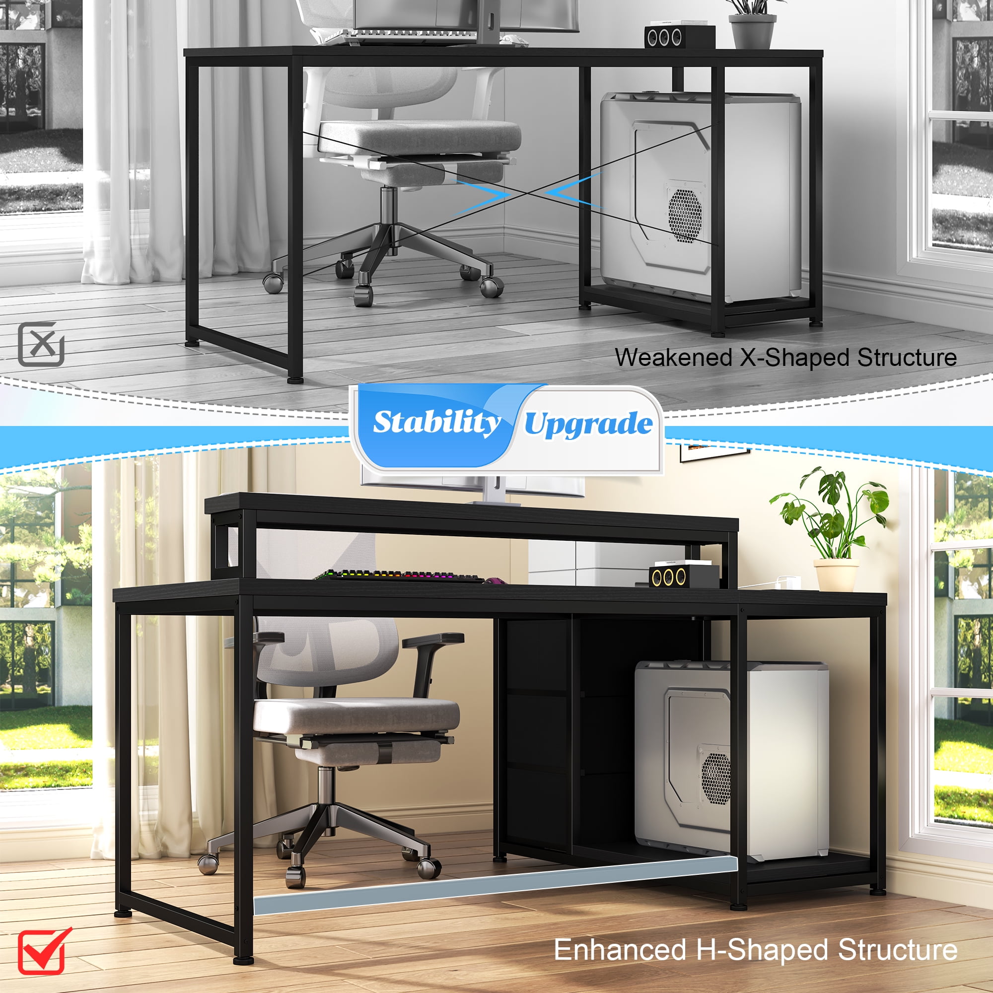 Romorgniz Gaming Desk Computer Desk with LED Lights & Power Outlet Reversible l Shaped Desk with 3 Drawers 48"L Office Desk with Monitor Stand for Gaming Room,Home Office,Bedroom,Black