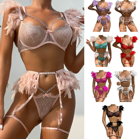 

Hopeup 1 Set Women Bra Panties Set Hollow Out Sexy Chain Decor High Elasticity Patchwork Pornographic Lace High Waist Stripper Performance Set for Themed Party