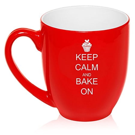 

16 oz Large Bistro Mug Ceramic Coffee Tea Glass Cup Keep Calm And Bake On Cupcake (Red)