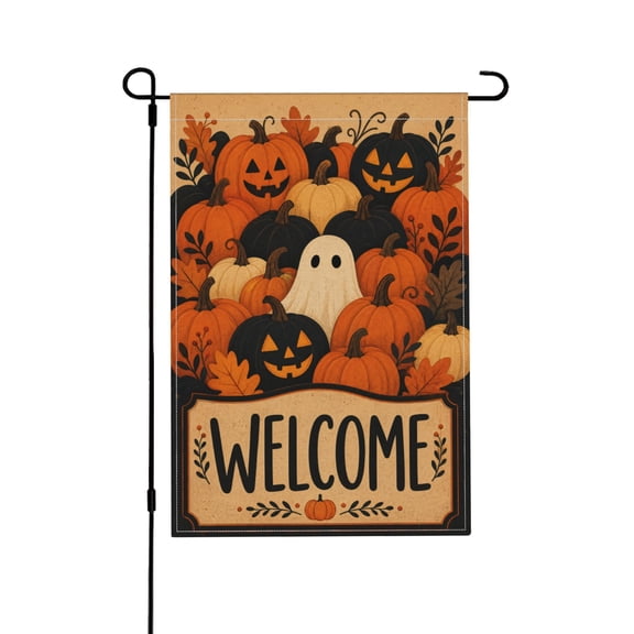 Garden Flag with Pumpkins and Ghost Welcome Design - Outdoor Decor 12x18 Inch