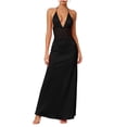 thumbnail image 2 of Aimik Women's Satin Lace Maxi Dress Summer Halter Deep V Solid Color Maxi Dress Silky Formal Tunic Evening Long Gown, 2 of 5