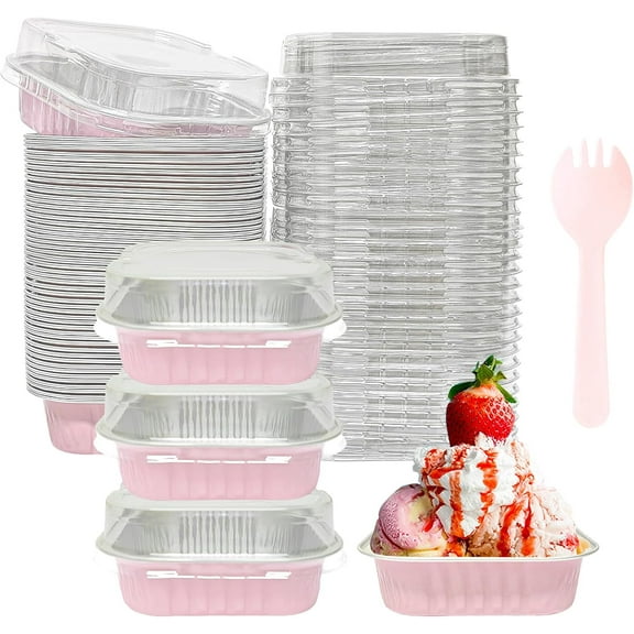 Monebena 30 PCS Square Mini Cake Pans with Lids and 30 PCS Spoons,Aluminium Foil Baking Cups, 5 oz Disposable Baking Cups Foil Ramekins for Cheesecakes, Puddings, Brownies (Pink) M01