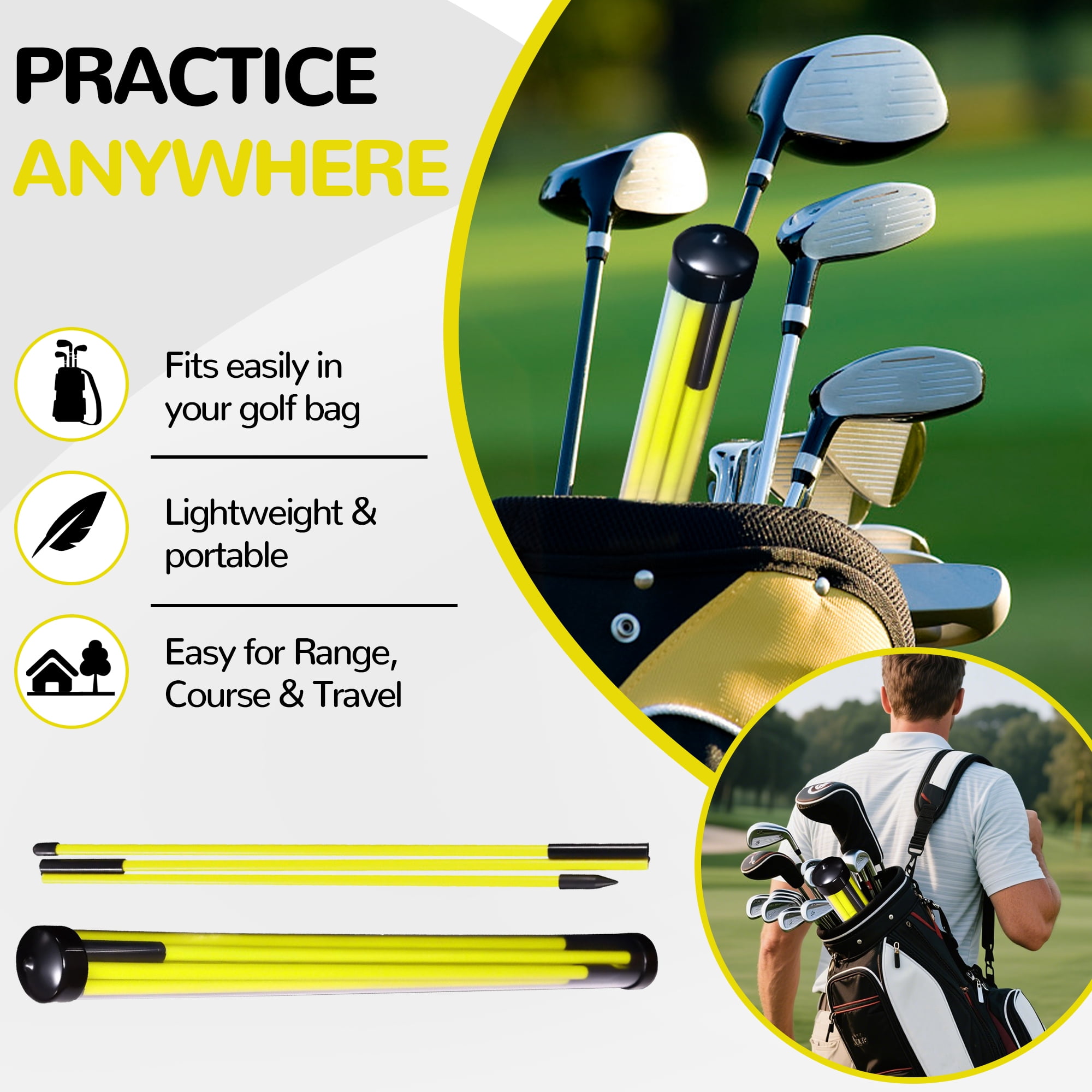 Signature Fitness 48" Collapsible Golf Alignment Sticks, 2-Pack Golf Swing Trainer & Practice Rods,Yellow
