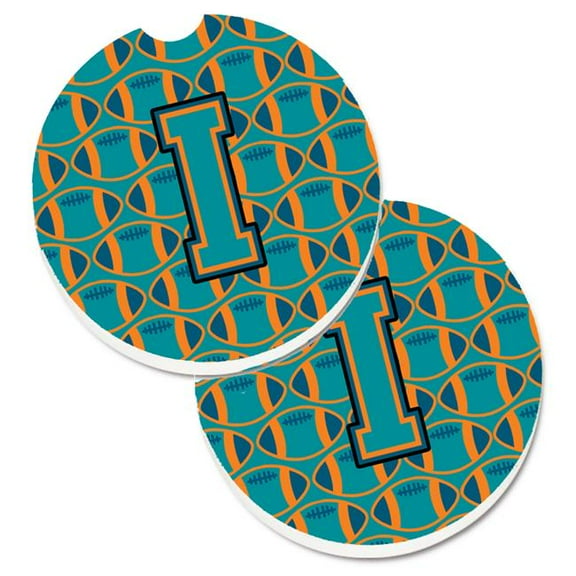 Letter I Football Aqua with Orange & Marine Blue Set of 2 Cup Holder Car Coaster