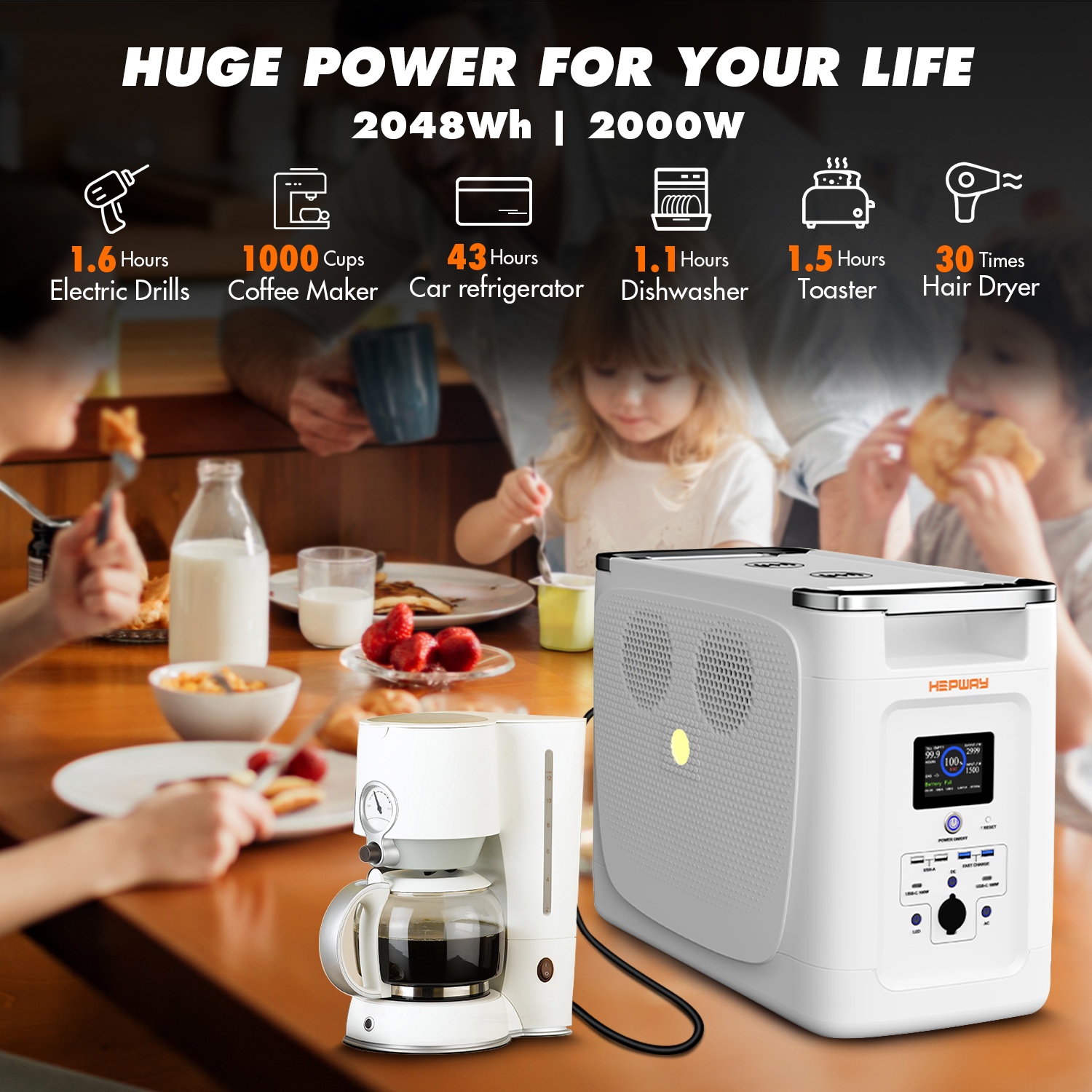 HEPWAY Portable Power Station,2000W 2048Wh LFP Battery 3000+ Cycle to 80%, Expandable Up To 32,768Wh with X-Boost 3600W, Full Charge in 1.3Hr, 2400W Solar Generator for Home UPS Backup RV Camping