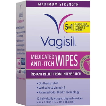 Vagisil Anti-Itch Medicated Feminine Intimate Wipes for Women, Maximum Strength, Gynecologist Tested, 12 Wipes (Pack of 1)