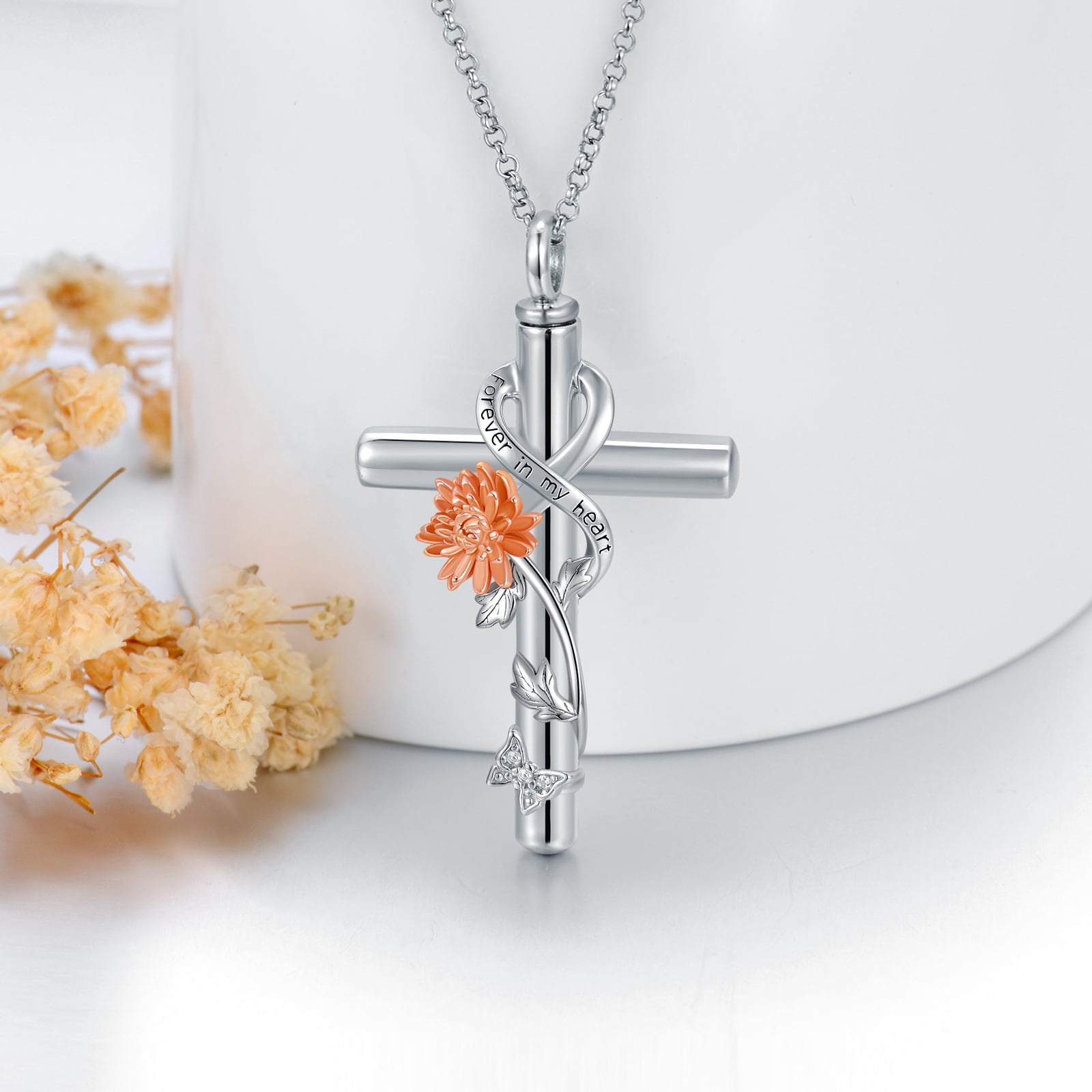 CACA LADY Chrysanthemum Cross Urn Necklace 925 Sterling Silver Cremation Jewelry with Funnel