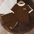 thumbnail image 5 of SGFCWSX Girls 2 Piece Outfits Summer Bow Print Short Sleeve T Shirt Side Stripe Shorts Set for Kids Brown Size 6, 5 of 6