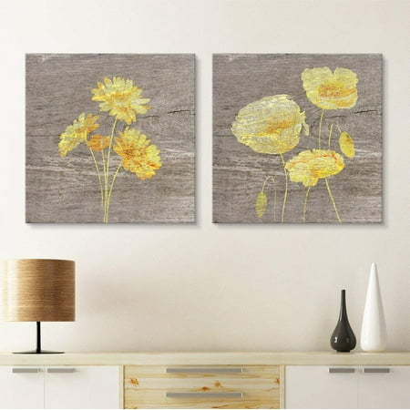 Wall Canvas Set wall26 - 2 Panel Square Canvas Wall Art - Yellow Floral Wood Effect Canvas Set - Giclee Print Gallery Wrap Modern Home Decor Ready to Hang - 24