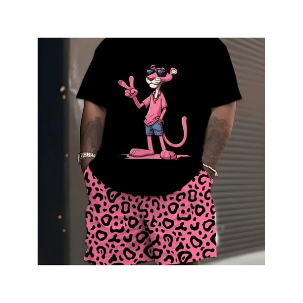 Men's Panther Cartoon Print T-Shirt - Black with Graphic, Loose Fit Short Sleeve, Breathable Summer Casual Tee, Made in USA, Perfect Gift for Mother's Day, Thanksgiving & Leisure Clothing, Comf