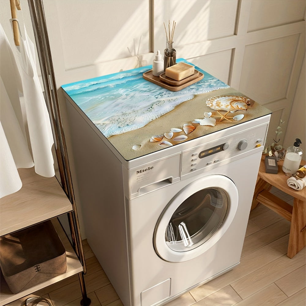 Summer Ocean Blue Coast Marine Life Pattern, Washing Machine Dust Cover Mat, Kitchen Accessories, Non-Slip, For Laundry Bathroom Home Decor, Room Decor