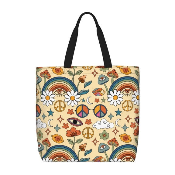 Vsdgher 70s Hippie Style print Tote Bag for Women Shoulder Bag with Zipper Large Shoulder Bag Handle Handbag Portable Washable for Travel, Work