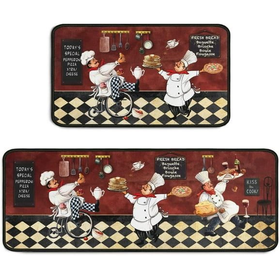 Chef Kitchen Rugs and Mats Sets of 2,Non-Slip Washable Kitchen Mats,Vintage Fat Chef Red Kitchen Decor Rug for Front of Kitchen Sink,17x30 17x47 Inch