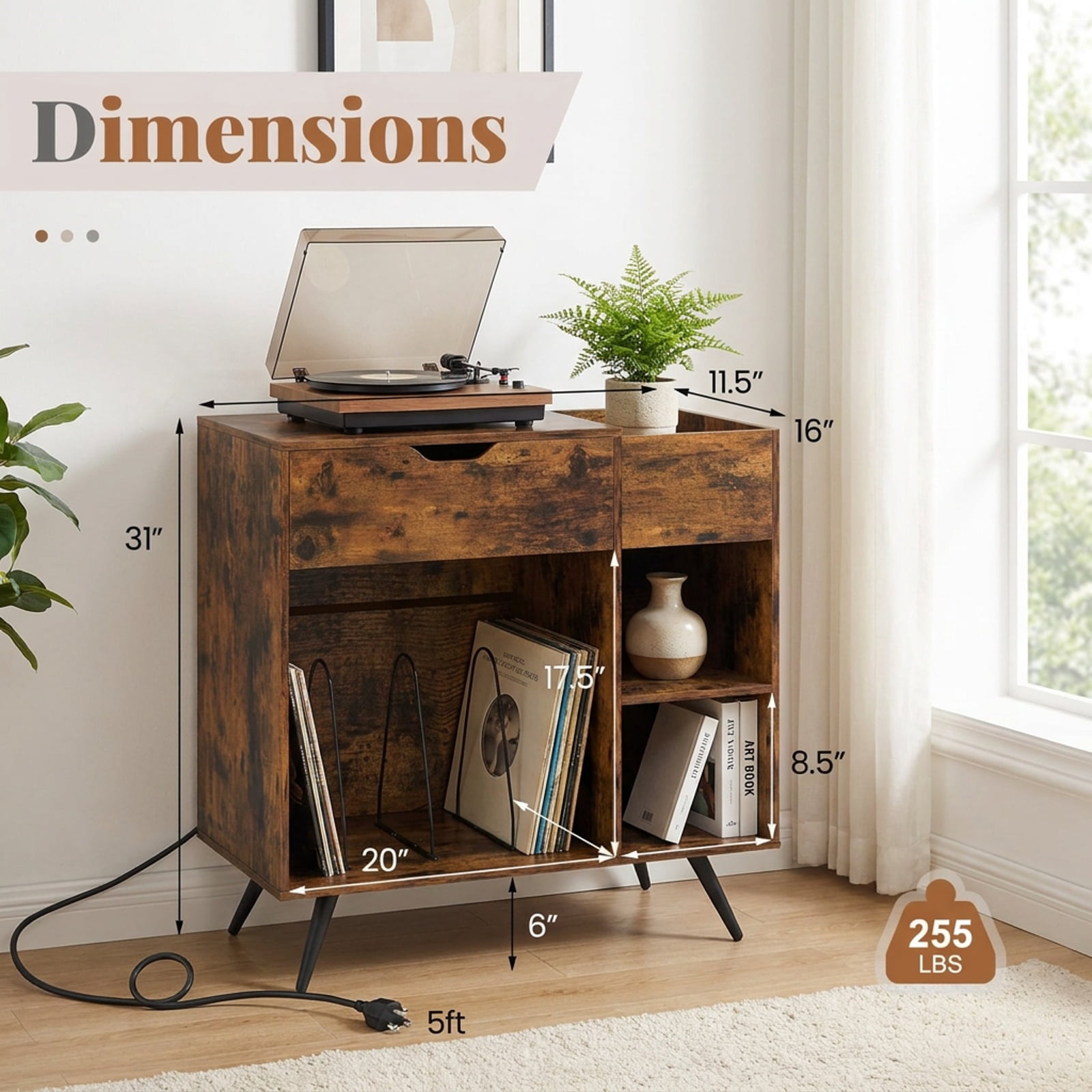 Furnibear Record Player Stand with Power Outlets USB Type-C Ports Drawer and Removable Divider Cubby for Living Room, Rustic Brown