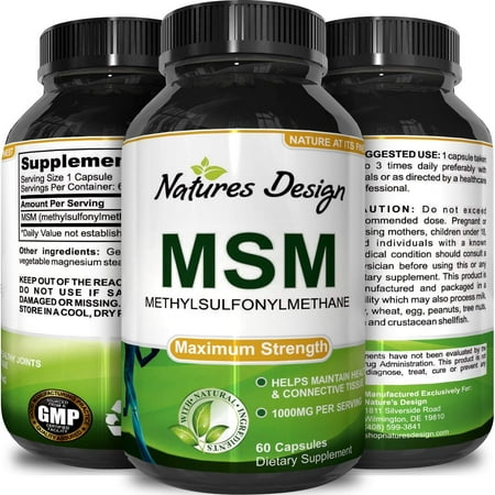 Natures Design MSM Supplement 1000 mg Pure Methylsulfonylmethane for Joint Pain Relief and Mobility Support Natural Collagen Boost with Anti-Aging Benefits Reduce Aches and Soreness 60