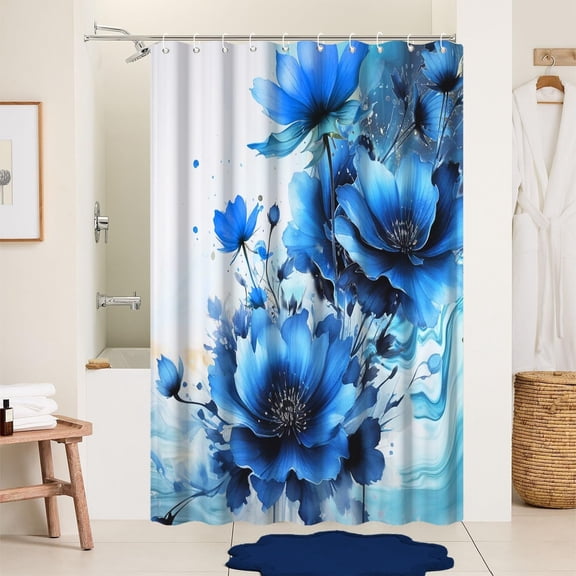 Floral Shower Curtain for Bathroom Blue Flowers Fabric Shower Curtain Set with Hooks Waterproof Machine Washable Marble Curtain 60" Wx72 L