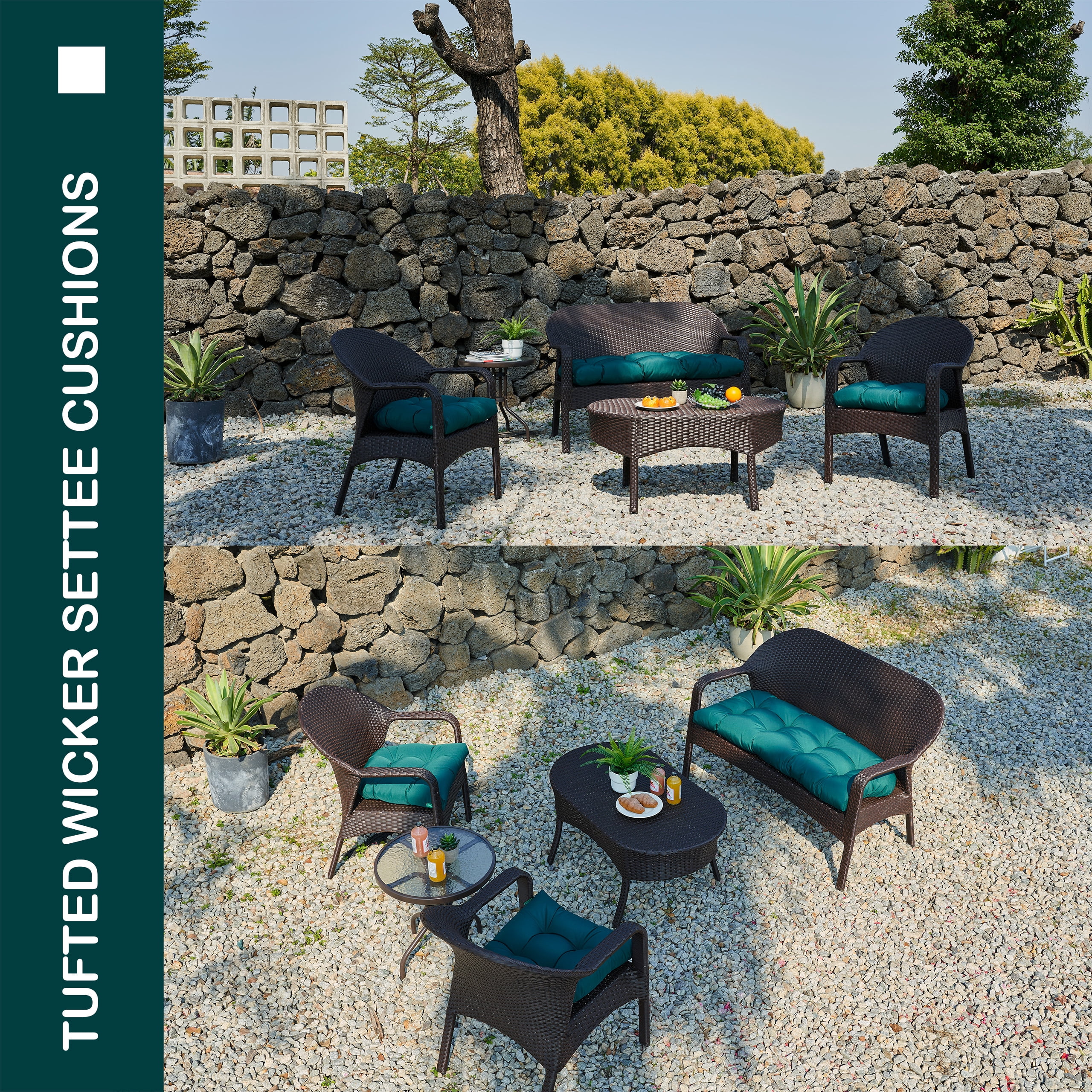 YOOZEKU Outdoor Tufted Wicker Chair Cushions of 3 Pieces, 1 Loveseat and 2 U-Shape All Weather Waterproof Patio Seat Cushions for Wicker Furniture,Bench, Dark Green