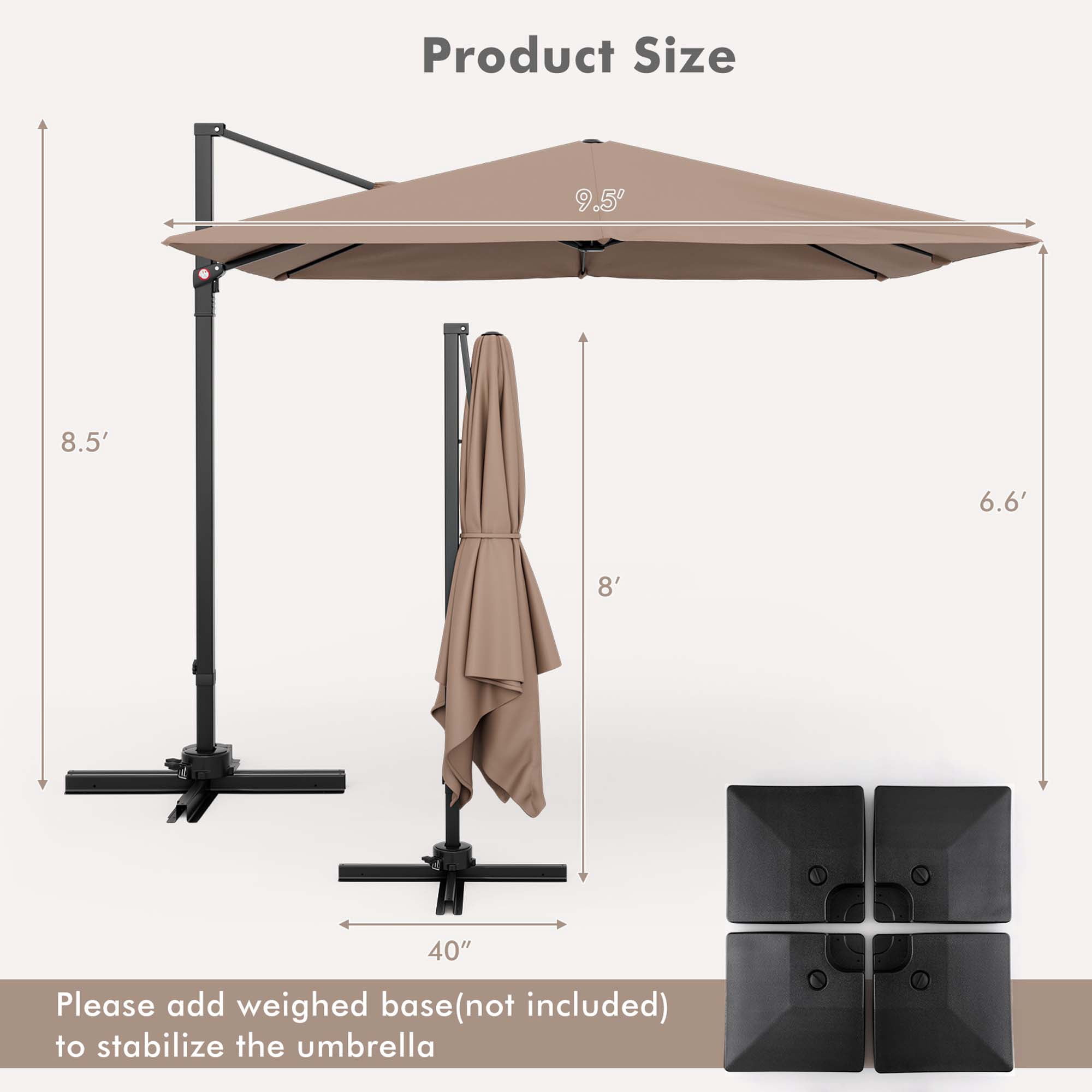 Costway 98.40" Coffee Square Cantilever Patio Umbrellas, Heavy Duty Frame