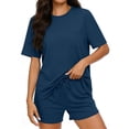 thumbnail image 3 of UPPADA Womens Two Piece Lounge Set Loose Fit Crewneck Short Sleeve Top and Elastic Waist Drawstring Pocket Shorts Soft Comfy 2 Piece Outfits Navy,L, 3 of 7