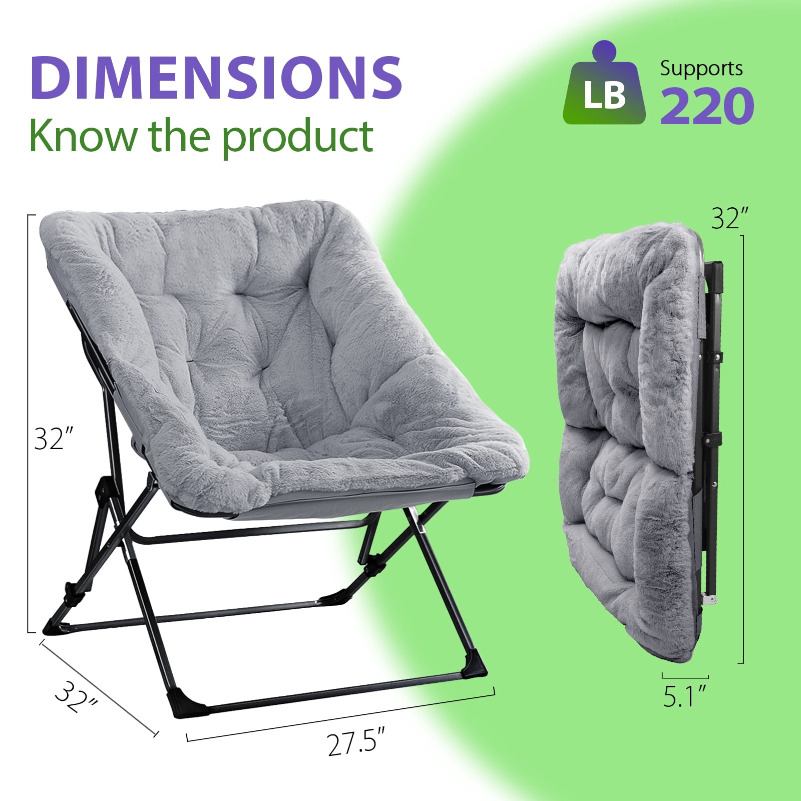 ARKANTOS Folding Saucer Chair for Adults, Comfy Chair for Bedroom and Living Room, Faux Fur Lounge Chair ,Gray