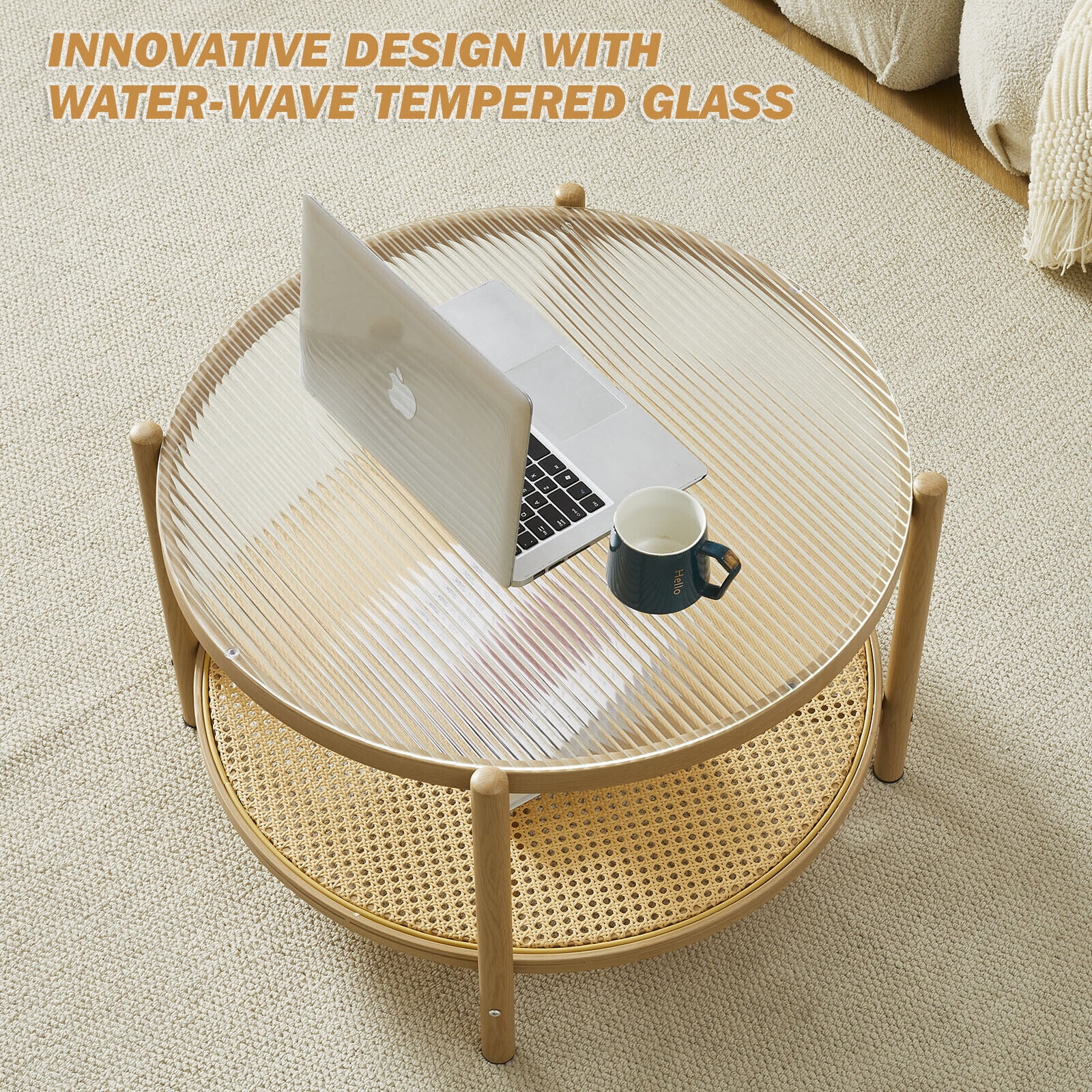 COSVALVE 2 Tier 27.5" Boho Rattan Round Glass Coffee Table
