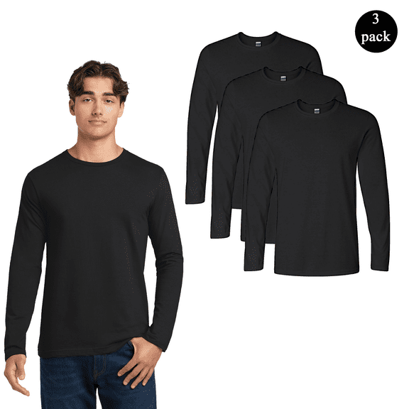 Gildan Men's Softstyle Long Sleeve T-Shirt, Comfortable Crew Neck Classic Fit Black Tee, 3-Pack, S
