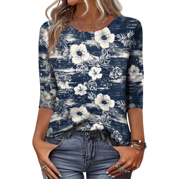 Bbyeadc Hawaiian T-Shirts for Women 3/4 Length Sleeve Crew Neck Shirts Tropical Leaf Print Lightweight Tee Casual Summer Beach Top,Gray (M)