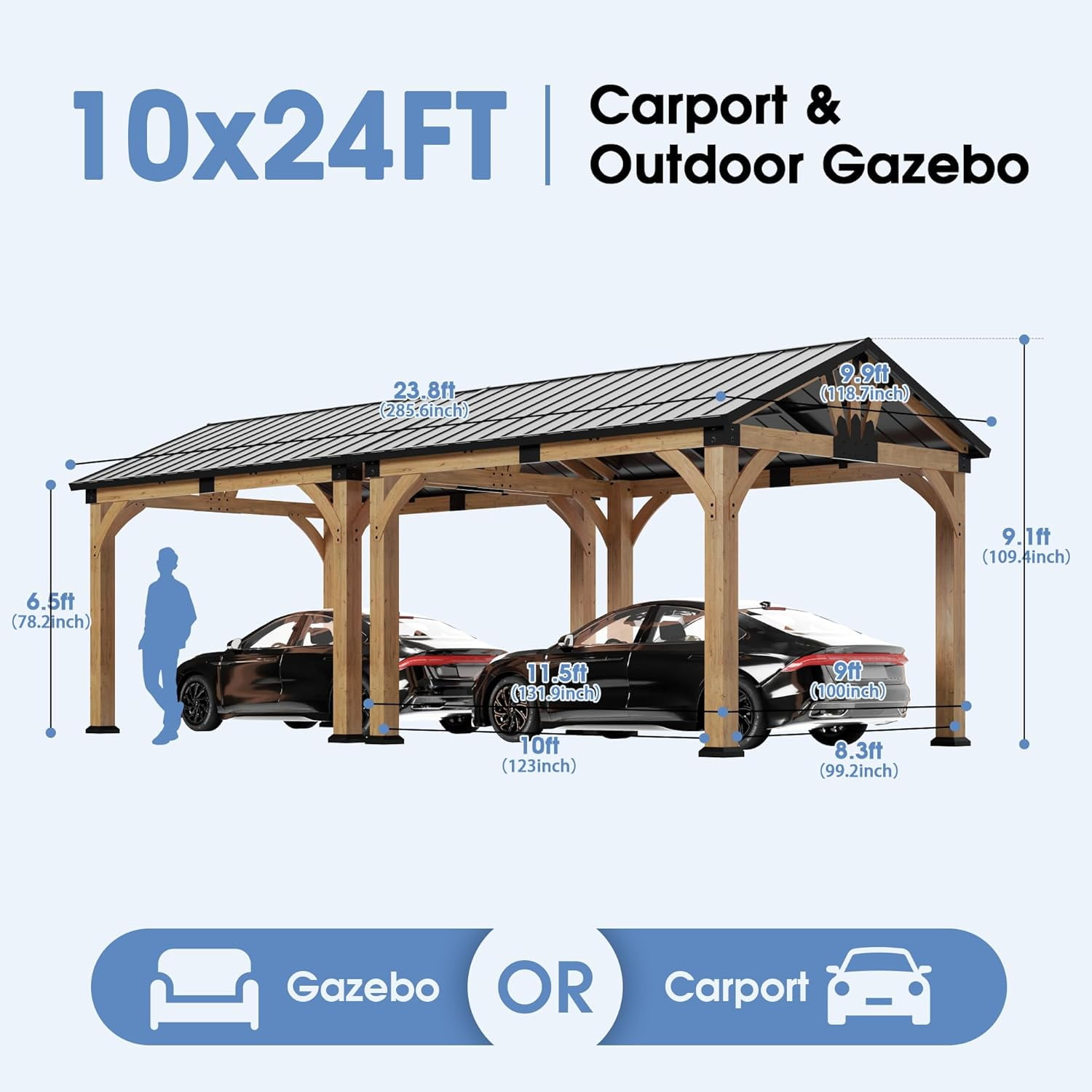 10x24x9 FT Cedar Wood Carport with Steel Roof, Carport Canopy Heavy-Duty, Portable Garage with Snow & Wind Resistant for Patio, Driveway, Garden