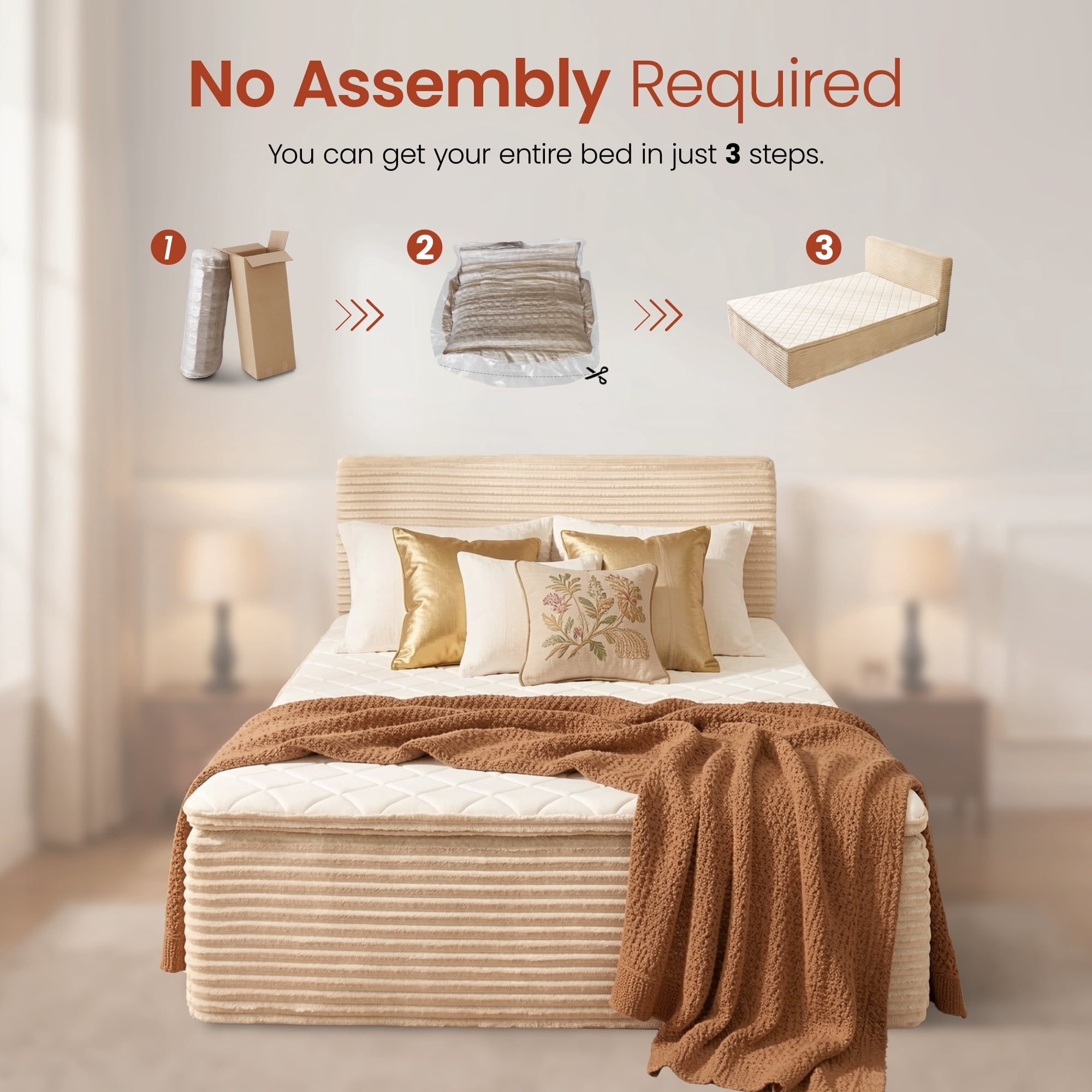 Ovios Full Size All-in-One Floor Bed in a Box, 16.7" Upholstered Compressed Foam Mattress with Headboard, No Assembly Required, Beige