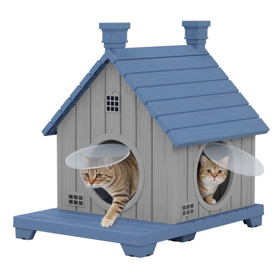 Bifanuo Outdoor Cat House,Weatherproof Resin Cat House, Villa-Style Outdoor Cat Shelter,Assemble Easily for Home & Yard,Blue