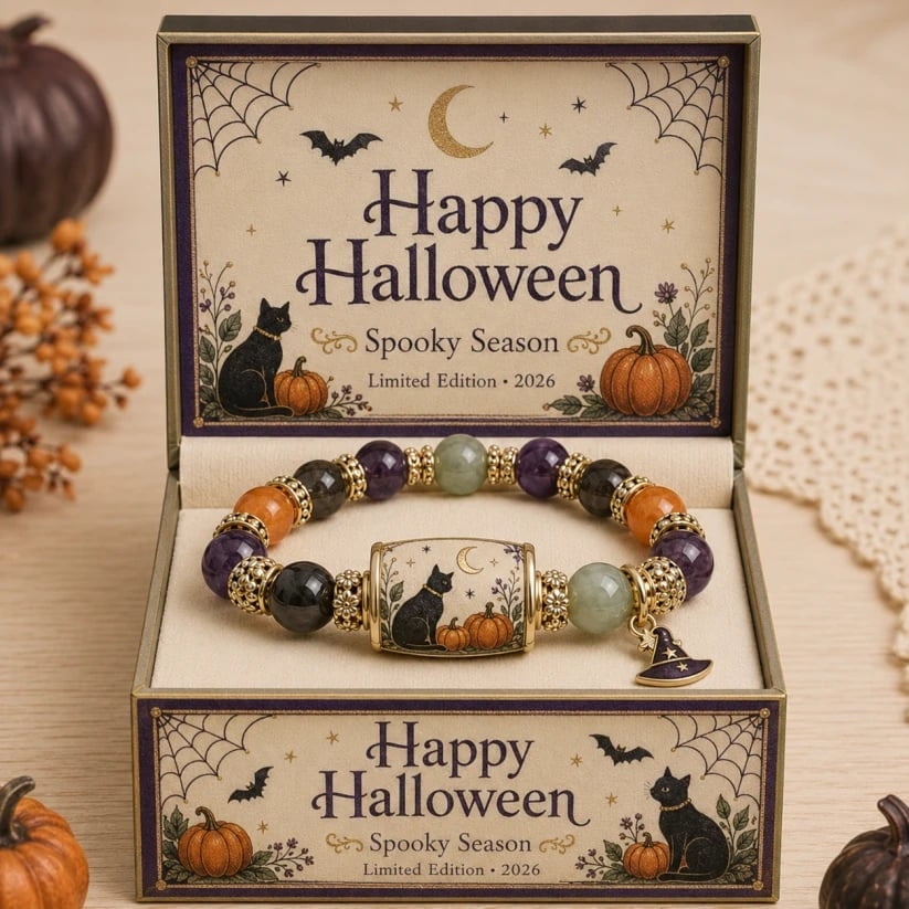 Limited Edition 2026 Halloween Black Cat Pumpkin Beaded Bracelet Gift Set | Stretchable Adjustable Bead Bracelet with Witch Hat Charm, Spooky Season Jewelry for Women, Fall Autumn Jewelry Gift