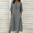 thumbnail image 2 of SAWOBUUN Womens Washed Cotton Blend Midi Dress Button V Neck Half Sleeve Casual Loose Summer Dress with Pockets, 2 of 6