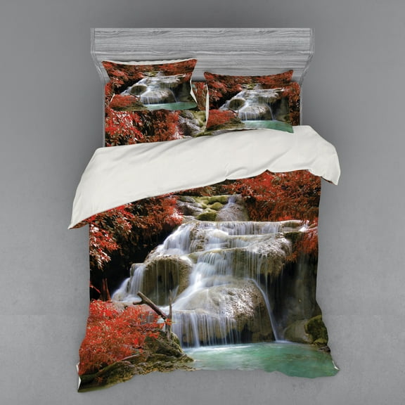 Ambesonne Landscape Bedding Set 4 Pcs, Fall Trees with Rock, Queen, Red White and Pale Brown