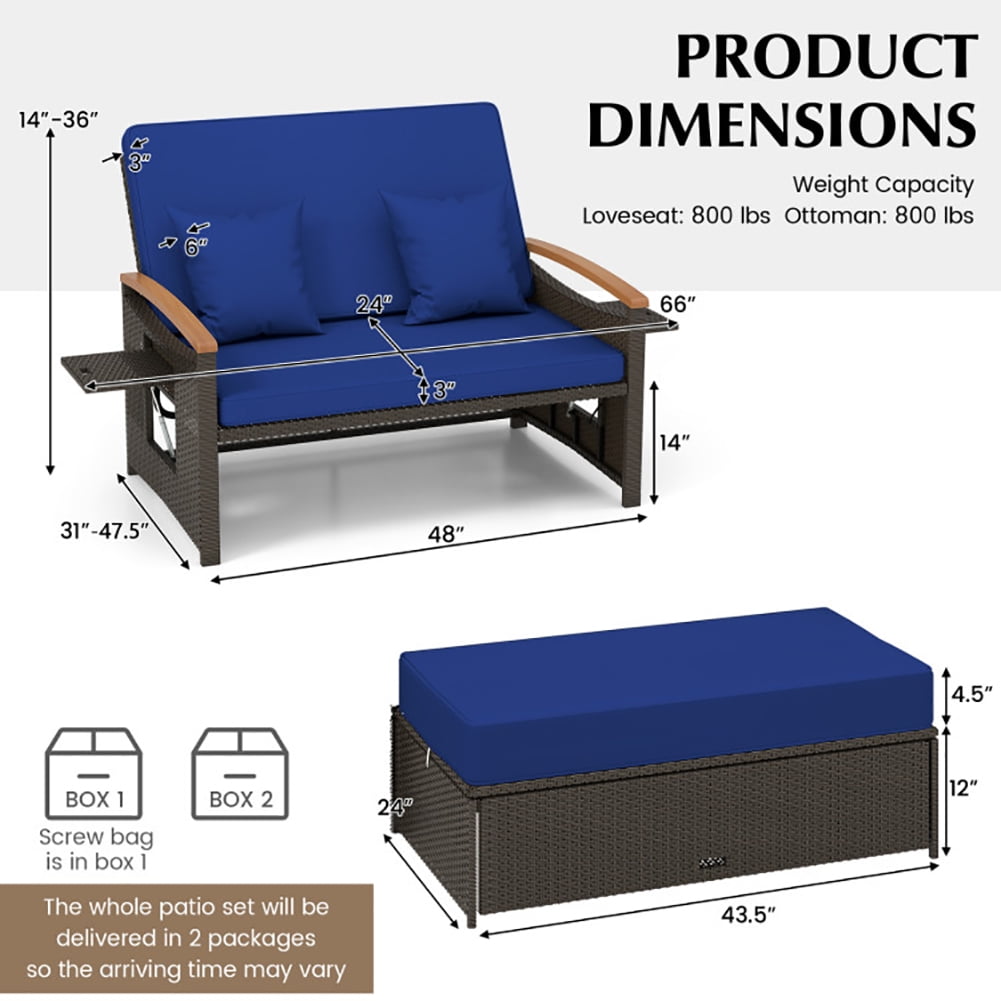 Aimee Lii Outdoor Wicker Daybed with Folding Panels and Storage Ottoman, Outdoor Patio Furniture, Navy