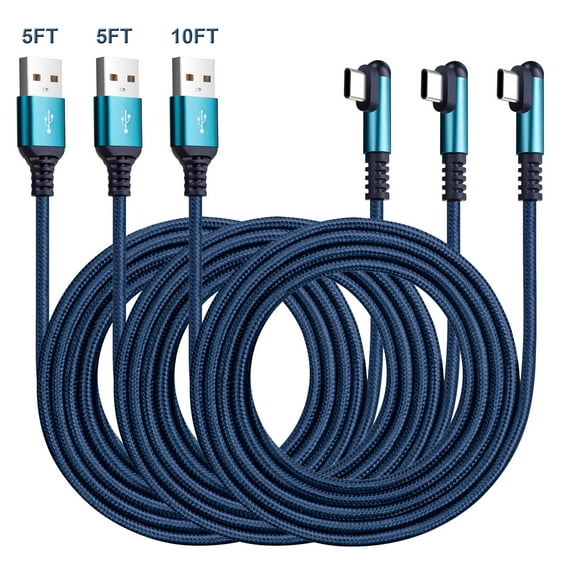 ROFICORD USB Type C Cable 3Pack(5/5/10ft) Nylon Braided Right Angle Fast Charge 3A Cord Compatible with iPhone15/16 Series/Samsung/Pixel/Moto/Android Phones