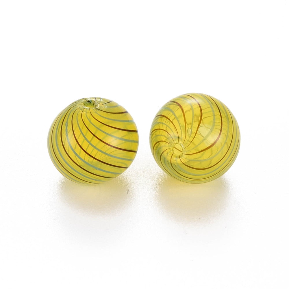 50pc Transparent Handmade Blown Glass Globe Beads Stripe Pattern Round Light Khaki 13~14mm Hole: 1~2mm