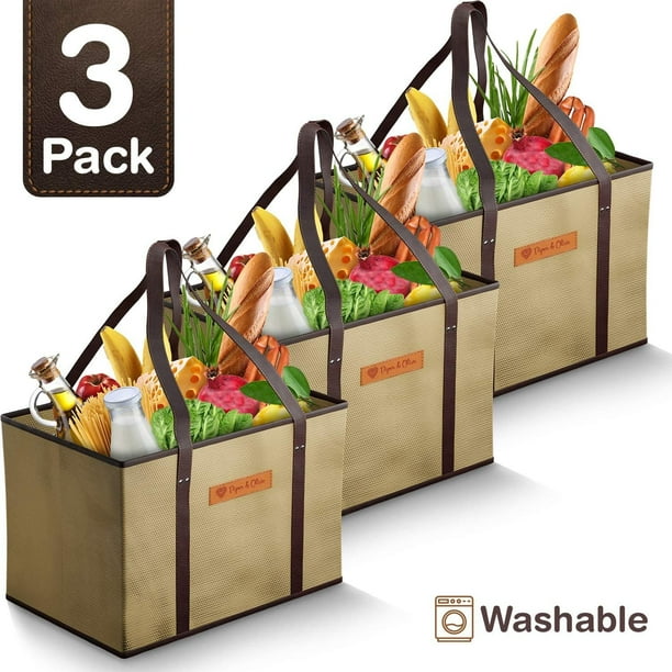 Piper and Olive Collapsible Grocery Bags - Heavy Duty Reusable Grocery Bags - Shopping Totes For Groceries - Grocery Shopping Bags - Grocery Totes - Washable Reusable Grocery Bags - Beige - Set of 3